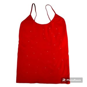 79. Red Spandex Spaghetti Strap Tank Top With White Rine Stones XL